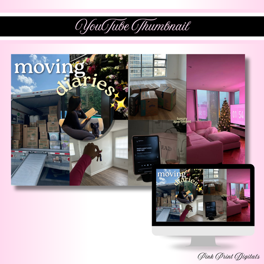 Moving Diaries Thumbnail Template | Aesthetic YouTube Thumbnail | Pink Thumbnail Template | Vlog Thumbnail Canva Template